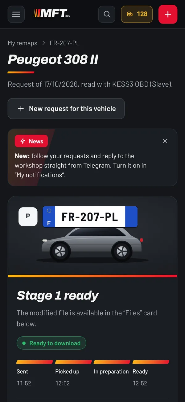 Tracking a tuning request on a phone: Stage 1 file ready for a Peugeot 308